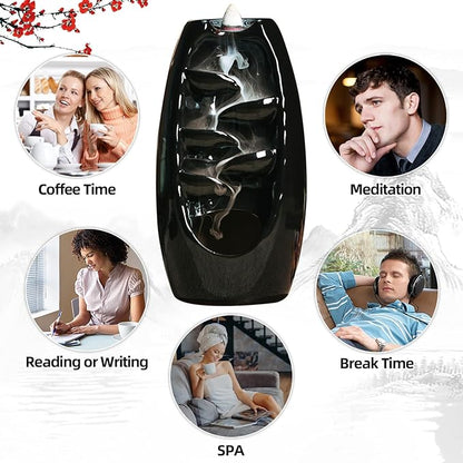 INONE Ceramic Incense Burner with 120 Cones, Waterfall Backflow Incense Holder, Aromatherapy Ornament, Zen Decor, Home Decor, Room Decor (Black)