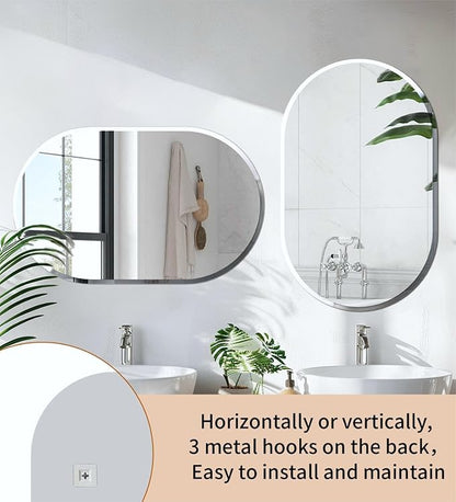 Frameless Oblong Wall Mirror: Decorative Oval Mirrored Glass Vanity with Beveled Silver Edge for Bathroom Bedroom Livingroom Dining Room Entryway Hallway, 32 x 20 inch