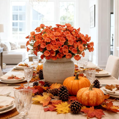 Orange Artificial Morning Glory Fall Faux Flowers for Outdoor Decoration, 12 Bundles Realistic Silk Flowers with Eucalyptus for Autumn Home Decor Patio Porch Garden Planter Window Box Yard