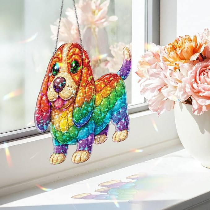 Rainbow Puppy Joy Acrylic Suncatcher, Window Hanging Sun Catcher Ornament, Crystal Prism Light Catcher Decor, Sunlight Window Decor, Aesthetic Home Decor Gift