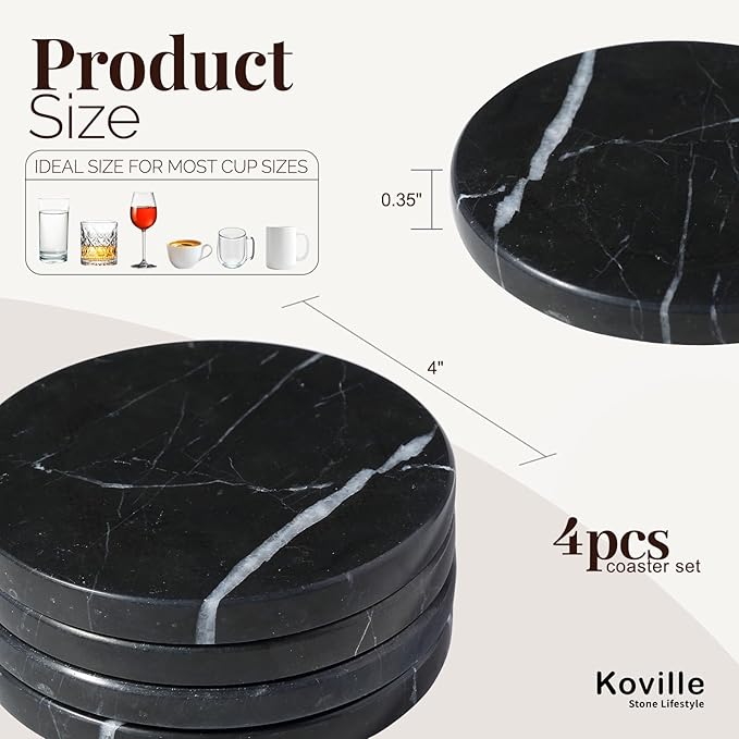 Koville Marble Coaster Set of 4, Round Coasters, 4" Stone Coaster for Drinks Coffee, White Marble Coasters for Coffee Table Home Bar Decor, Heat Resistant, Gift Choice(Black)