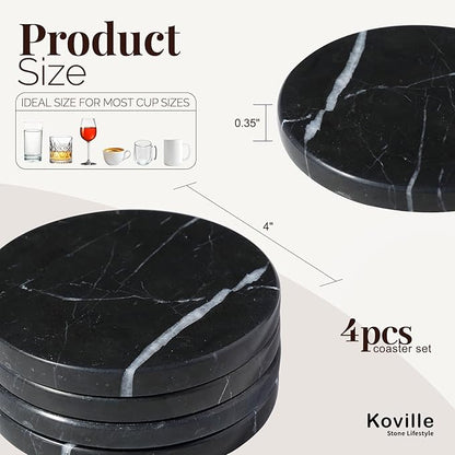 Koville Marble Coaster Set of 4, Round Coasters, 4" Stone Coaster for Drinks Coffee, White Marble Coasters for Coffee Table Home Bar Decor, Heat Resistant, Gift Choice(Black)