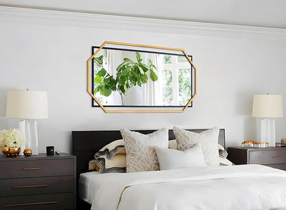 55"x28" Black Large Decorative Vanity Wall Mirror, with Gold Metal Frame, Modern Accent Horizontal Mirror for Living Room, Bedroom, Entryway