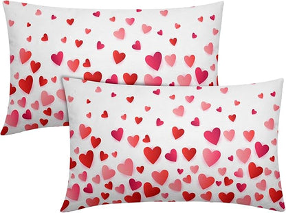 Valentines Day Pillow Covers 12x20 Set of 2 Red Pink Heart Throw Pillow Covers Love Pillowcase Linen Decoration Farmhouse Holiday Cozy Soft Cushion Case Couch for Indoor Outdoor Home Decor