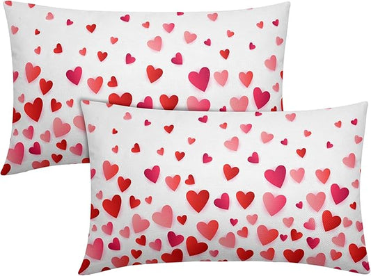 Valentines Day Pillow Covers 12x20 Set of 2 Red Pink Heart Throw Pillow Covers Love Pillowcase Linen Decoration Farmhouse Holiday Cozy Soft Cushion Case Couch for Indoor Outdoor Home Decor