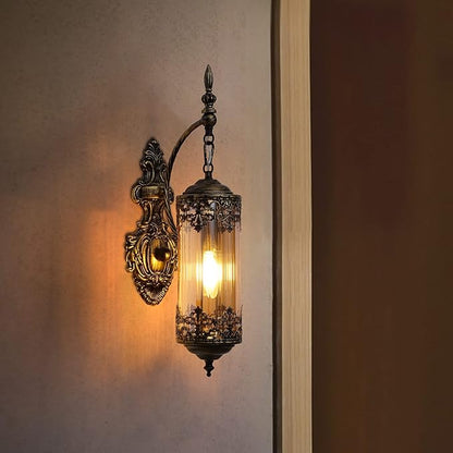 Antique Rustic Wall Sconce with Amber Glass Mini Vintage Gothic Wall Light Fixture Retro Farmhouse Mid Centry Lantern Wall Sconce for Bedroom, Hallway, Mirror, Bursh Gold, E12