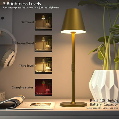 2-Pack Cordless Table Lamps - 5000mAh Rechargeable Battery Operated Desk Lamp, 3-Level Dimmable LED Night Light for Bedroom, Dining, Restaurant - Metal Design (Bronze 2PACK)