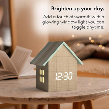 Driini Digital House Shaped Alarm Clock with Temperature Display (Stripe Wood) – Modern Aesthetic - Cute Cube Frame and White LED Dimmer - Perfect Small Desk Clock for Bedside Table or Bedroom Mantle