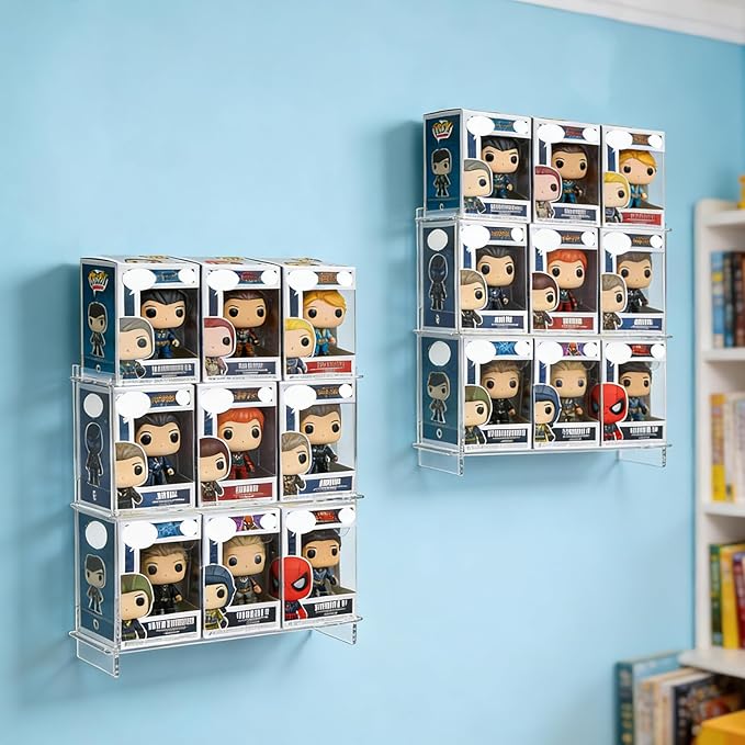 2 PCS Wall Display Shelves Compatible with 21 Funko Pop in Box Acrylic Floating Display Shelves Clear Tiered Display Shelf for Collectibles Stackable Action Figure Stand for Boxed Figures Display Case