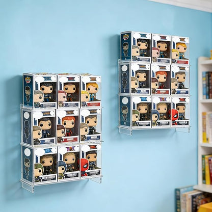 2 PCS Wall Display Shelves Compatible with 21 Funko Pop in Box Acrylic Floating Display Shelves Clear Tiered Display Shelf for Collectibles Stackable Action Figure Stand for Boxed Figures Display Case
