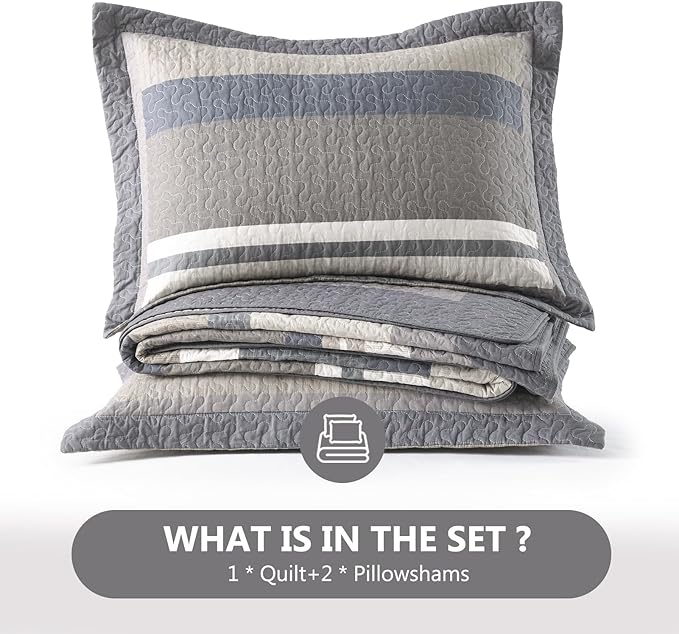 100% Cotton Quilts King Size, King Quilt Bedding Set Bedspread, Striped Quilt for King Bed, 3 Pieces Farmhouse Reversible Lightweight Comforter Bed Spread, Brown/Beige/Taupe
