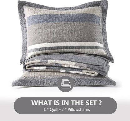 100% Cotton Quilts King Size, King Quilt Bedding Set Bedspread, Striped Quilt for King Bed, 3 Pieces Farmhouse Reversible Lightweight Comforter Bed Spread, Brown/Beige/Taupe