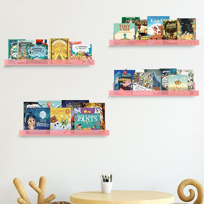 Dezzer 4 Pack Acrylic Shelves for Wall, 15" Acrylic Floating Shelves for Bathroom Bedroom, Invisible Bookshelf Wall Ledge Storage Shelf Books Perfume Toys Action Figure Display Shelves, Pink