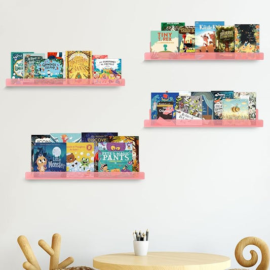 Dezzer 4 Pack Acrylic Shelves for Wall, 15" Acrylic Floating Shelves for Bathroom Bedroom, Invisible Bookshelf Wall Ledge Storage Shelf Books Perfume Toys Action Figure Display Shelves, Pink