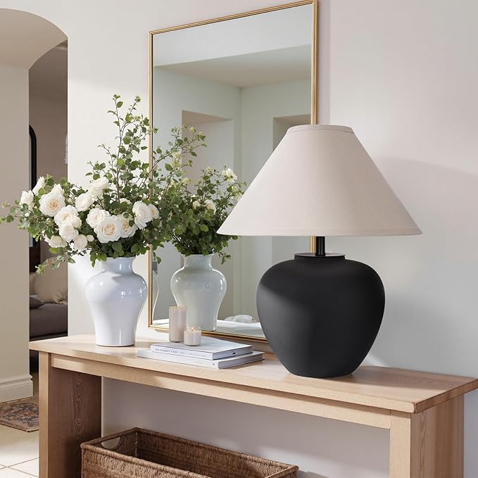Ceramic Pot Table Lamp 18.5 inch Circular Frosted Nightstand Lamp, Tapered Fabric Shade Bedside, Ceramic Decorative for Living Room Bedroom House Office Entryway, TL1