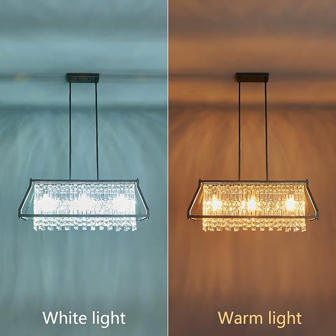 LMQNINE Chandeliers for Dining Room, 3-Light Trapezoidal Industrial Dining Room Light Fixture Farmhouse Chandelier Crystal Pendant Lights Kitchen Island Living Room (Black 30.7 inch)