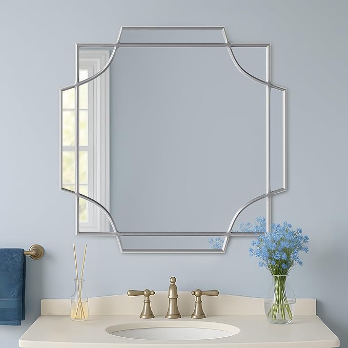 30"×30" Square Silver Wall Mirror, Decorative Geometric Accent Mirror with Wood Frame, Art Deco Style for Entryway, Living Room, Bathroom