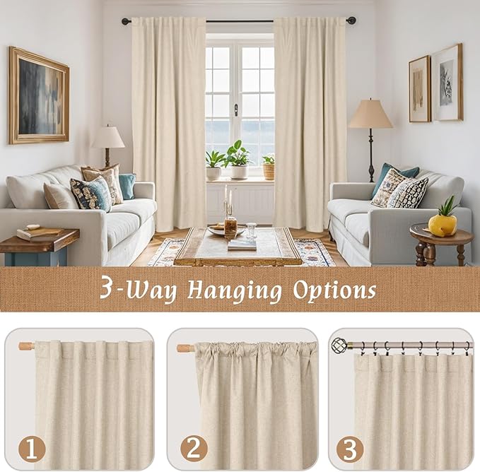 LAMIT 100% Blackout Linen Curtains, 84 Inch Linen Textured Living Room Farmhouse Curtains Room Darkening Back Tab and Rod Pocket Burlap Neutral Panels with White Liner, 2 Panels, 52 x 84 Inch