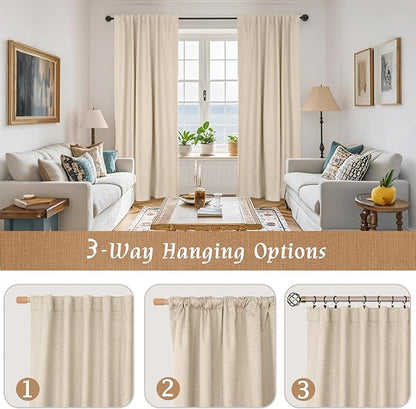 LAMIT 100% Blackout Linen Curtains, 84 Inch Linen Textured Living Room Farmhouse Curtains Room Darkening Back Tab and Rod Pocket Burlap Neutral Panels with White Liner, 2 Panels, 52 x 84 Inch