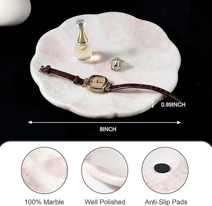 Koville Marble Tray, 8" Round Marble Vanity Tray for Jewelry Trinket Perfume, Natural Stone Tray for Bathroom Kitchen Dresser Countertop, Scalloped Decorative Tray for Home Table Decor(Namibia Rose)