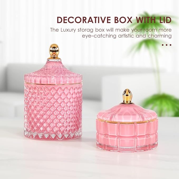 Candy Cookie Jar Candy Dish with Lid, Apothecary Jars with Lids for Bathroom Pink Decor Aesthetic Room Decor， Glass Decorative jar for Storage Cotton Swab or Cotton Rounds (20oz)
