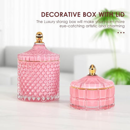 Candy Cookie Jar Candy Dish with Lid, Apothecary Jars with Lids for Bathroom Pink Decor Aesthetic Room Decor， Glass Decorative jar for Storage Cotton Swab or Cotton Rounds (20oz)