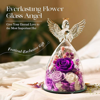 Valentines Day Roses Gifts for Women,Preserved Real Flowers Roses in Glass Angel Figurines,Valentines Day Gifts for Women Mom Wife Girlfriend./Purple