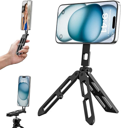 UBeesize Magnetic Portable Tripod for iPhone -MagSafe Mini Phone Stand & Universal Tripod Mount, Foldable Aluminum Phone Holder for iPhone 16/15/14/13/12, Pocket Travel Desktop All in One