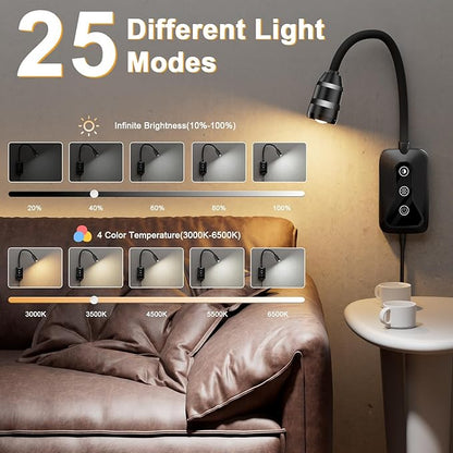 Wall Mounted LED Reading Light for Bed Headboard - 5 Color & Brightness Levels Dimmable Book Light with Touch/Wave Control, USB Output - Night Reading Lamp for Books in Bed