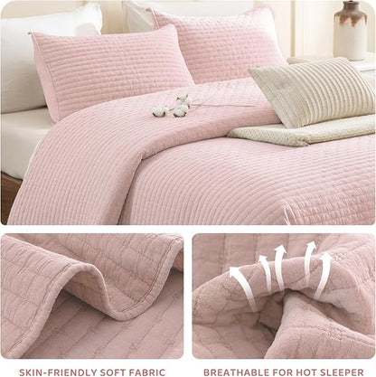 Sanracie Stonewashed Cotton Coverlet Oversized King(128"x120"), Light Pink Ultra Soft Crinkle Extra Large Wide Oversized Quilt Sets Lightweight Cross Stitch Bedspread Set 3Pcs for All Season