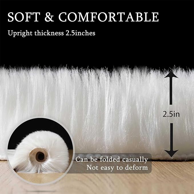 Fluffy Faux Fur Rug White Sheepskin Area Rug,4x6 Ft Ultra Soft Shaggy Plush Rug for Bedroom Bedside Living Room Nursery Kids Room