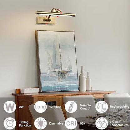 12.6 inch LED Wireless Picture Lights for Wall Rechargeable, Battery Operated Art Light for Paintings, 3CCT Dimmable, Brass Finish with Remote, Rotatable Gallery Light for Pictures Display