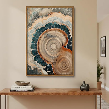 IBHJSART Framed Tree Ring Canvas Wall Art Vintage Colorful Wood Stump Painting Prints Modern Minimalist Pictures Neutral Nature Rustic Farmhouse Decor Living Room Bedroom Bathroom Office