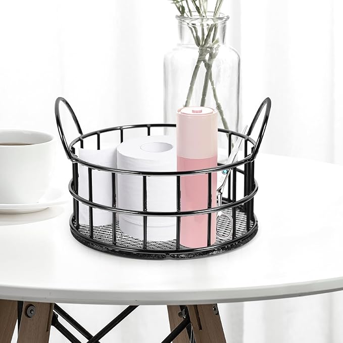 Round Wire Storage Basket for Desk, Makeup Organizer, Small Iron Basket with Handle for Home, Office, Bathroom, Black, 3.93X2.75 Inch