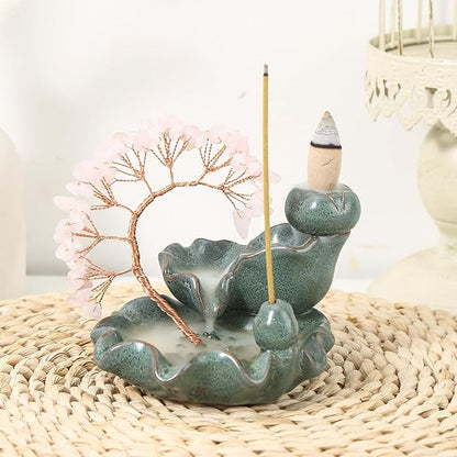 Incense Waterfall Moon Backflow Incense Burner Ceramic Incense Holders Rose Stone Crystal Tree Incense Holder Namaste Yoga Meditation and Home Decor