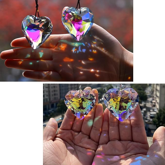 2PCS Simple Geometry Crystal Sun Catcher Prisms, stino Hanging Suncatchers with Glass Prism, Rainbow Maker for Windows, Balcony, Kitchen, Garden Decoration (1, Heart ABColor 2Pcs)