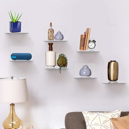8 Pack Small Wall Shelf, 4'' Acrylic Shelves Display Ledges for Storage & Decoration, Small Floating Shelf for Wall with 2 Types of Installation (Adhesive or Screw)