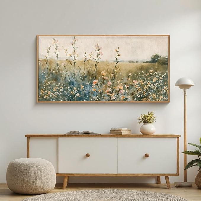 HLNIUC Vintage Watercolor Wildflower Landscape Horizontal Wall Art Framed, Large Retro Floral Wall Decor(20x40), Nature Wilderness Farmhouse Rustic Field Canva Painting for Living Room,Bedroom, Office