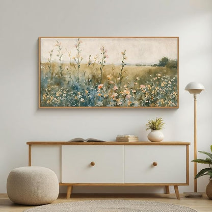 HLNIUC Vintage Watercolor Wildflower Landscape Horizontal Wall Art Framed, Large Retro Floral Wall Decor(20x40), Nature Wilderness Farmhouse Rustic Field Canva Painting for Living Room,Bedroom, Office