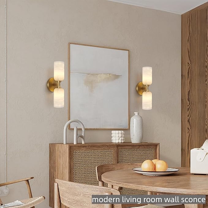 Alabaster Wall Sconces, 14" Modern Spanish Natural Marble Vanity Light, Dimmable Hardwired Brass Gold Wall Sconce Lighting for Bathroom Mirror, Bedroom, Living Room, Luxury Natural Stone Wall Fixtures