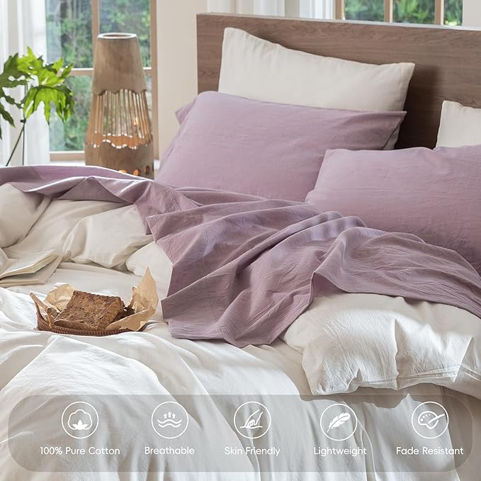 MooMee Bedding Sheet Set 100% Washed Cotton Linen Like Textured Breathable Durable Soft Comfy (Heathered Light Purple, Twin)