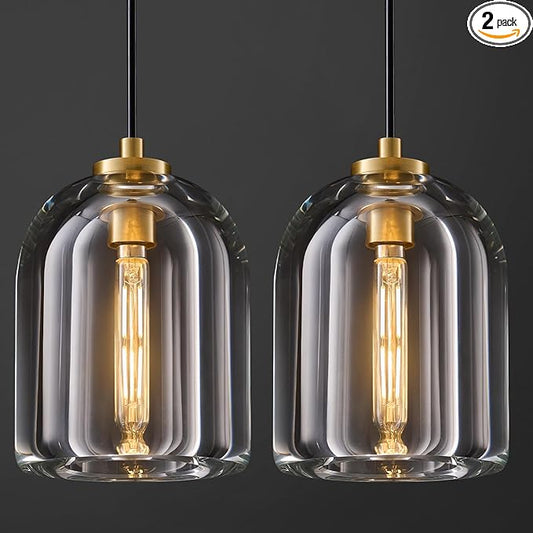 Crystal Pendant Light Kitchen Island: 2 Pack Gold K9 Crystals Lights - 5.1" Dimmable Contemporary Cylinder Light above Dining Table - Modern Ceiling Hanging Lighting for Bedroom E12 Bulbs Included