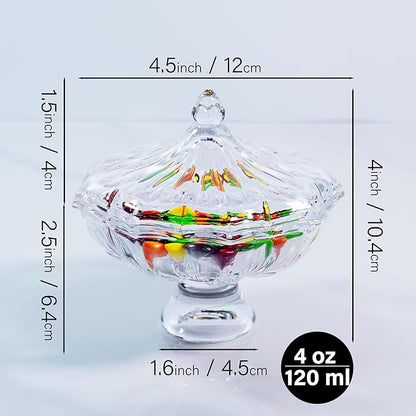 Glass Candy Dish with Lid 4oz, Clear Decorative Crystal Bowl with Thick Base – Small Dessert Bowl for Ice Cream, Jewelry, Candies, Nuts, Candle Holder, Party and Table Decor