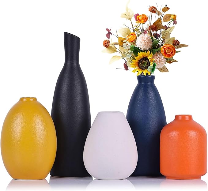 Colorful Ceramic Bud Vases Set of 5 - Modern Yellow, Orange, Blue Small Vases for Home Decor - Ideal for Living Room, Kitchen, Office, Bathroom, Mantle, Entrance, Farmhouse & Coffee Table Decorations