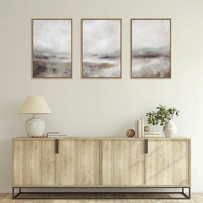 HLNIUC Large Abstract Neutral 3 Piece Wall Art Framed, Gray Lake Landscape Canvas Decor(24X36), Watercolor Smoky Mountain Wall Painting, Modern Minimalist Art Prints for Living Room, Bedroom, Office