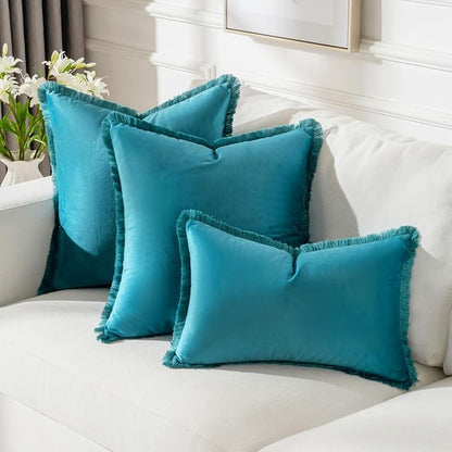 FUTEI Teal Velvet Decorative Throw Pillow Covers 12x20 Set of 2,Soft Cozy Edge with Tassels Lumbar Pillow Cases,Boho Modern Home Decor for Couch Bed Living Room