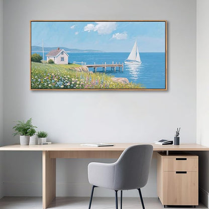 Coastal Pictures for Living Room, Beach Wall Art, Floral Wall Art Featuring Sailboat and Ocean Wall Decor, Nautical Framed Art for Bedroom or Above Bed Decor Large Artwork for Walls 20×40IN