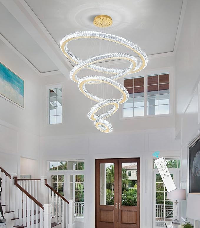 Modern Chandelier 8"+16"+24"+32"+40" 5 Rings Crystal LED Dimmable Lighting Foyer Entryway High Ceiling Living Room Chanderliers Pendant Lights Fixtures Gold Light