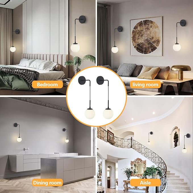 KCO Lighting Frosted White Glass Wall Sconce Set of Two Black Globe Ball Wall Light Adjustable Cord Industrial Vanity Wall Lamp for Bathroom Mirror Bedside Stairs (White)
