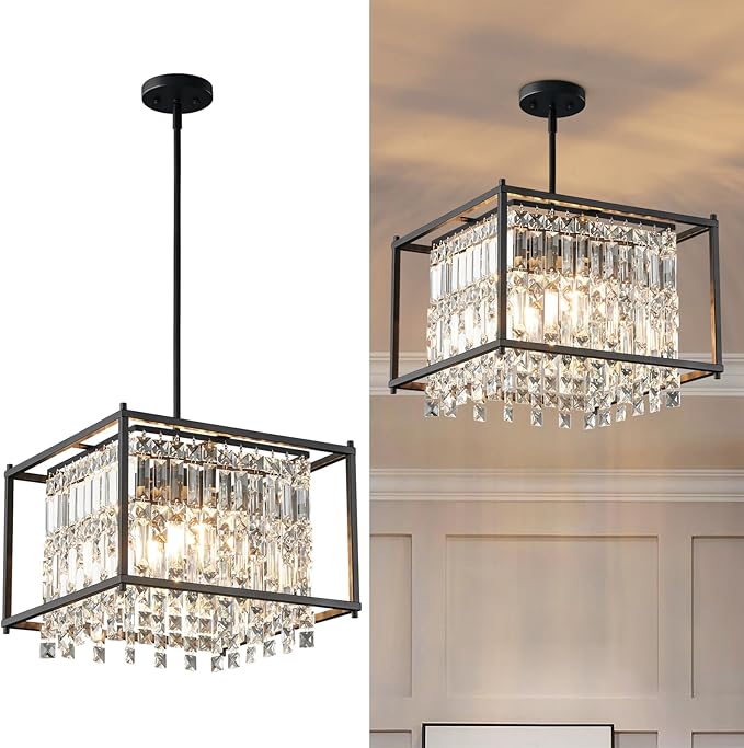 LMQNINE Modern Foyer Chandelier, Black Crystal Chandelier Entryway Pendant Light Fixture, Square Adjustable Height Chandeliers for Kitchen Island, L15.74'' x H9.84''